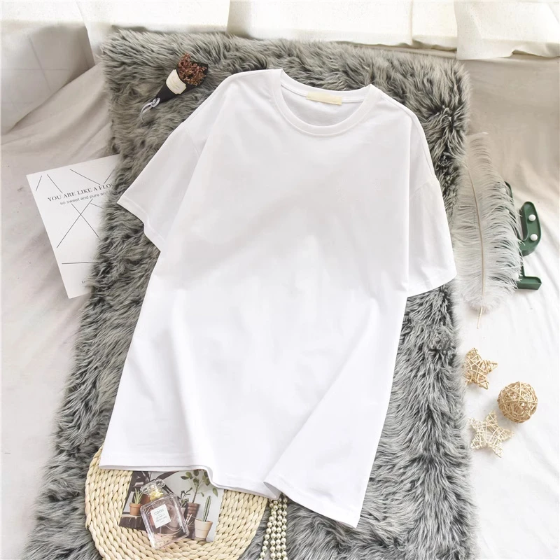 2025春夏新款韩版白色中长款圆领短袖T恤女宽松显瘦百搭休闲上衣