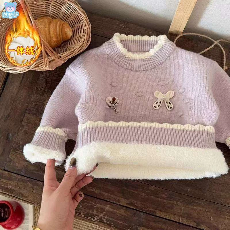 范哲萨秋冬新款女童洋气加绒加厚针织打底衫冬季婴儿宝宝毛衣一体