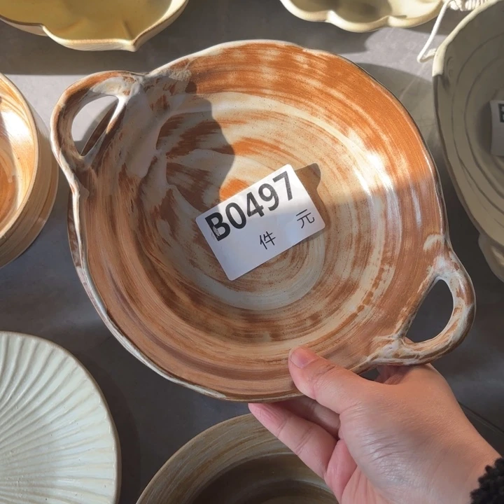 瓷497粗陶双耳碗1个装