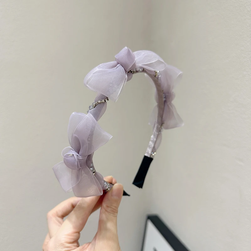 韩国饰品高级感浪漫紫色薄纱手工蝴蝶结炫彩工艺晶石高档发箍女生