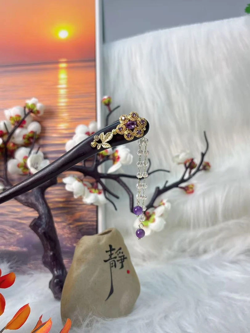 炑歌K14紫色流苏时尚百搭发簪简约古典民族风手工18公分