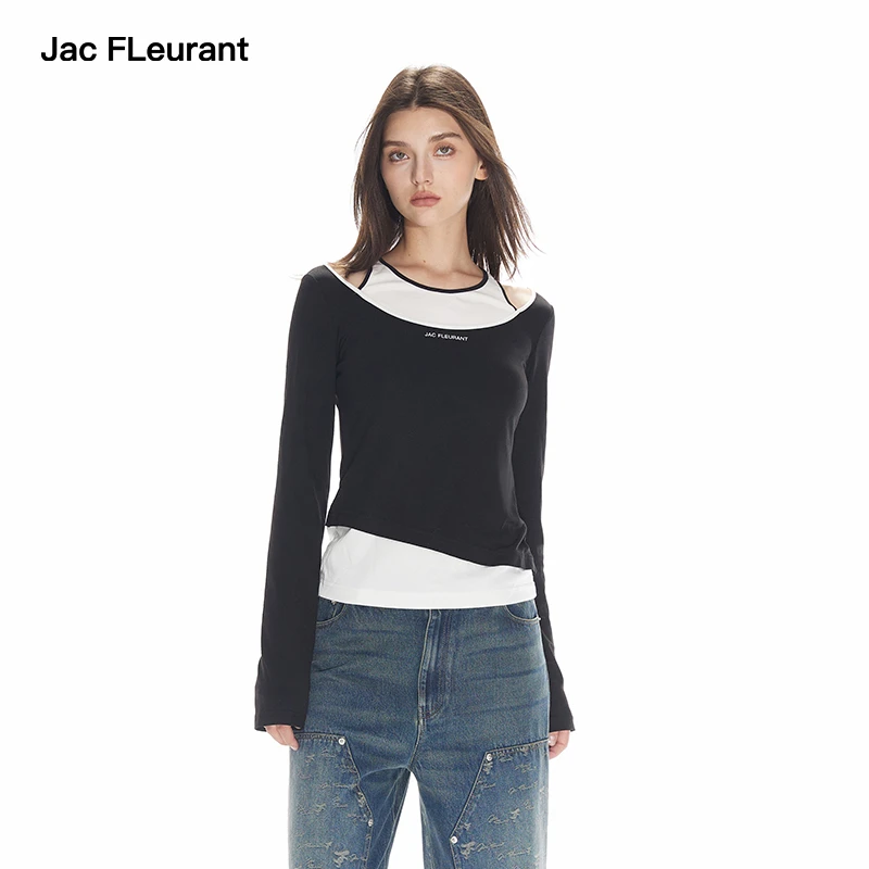 JAC FLEURANT2024新品简约百搭黑白撞色拼接长袖露肩上衣
