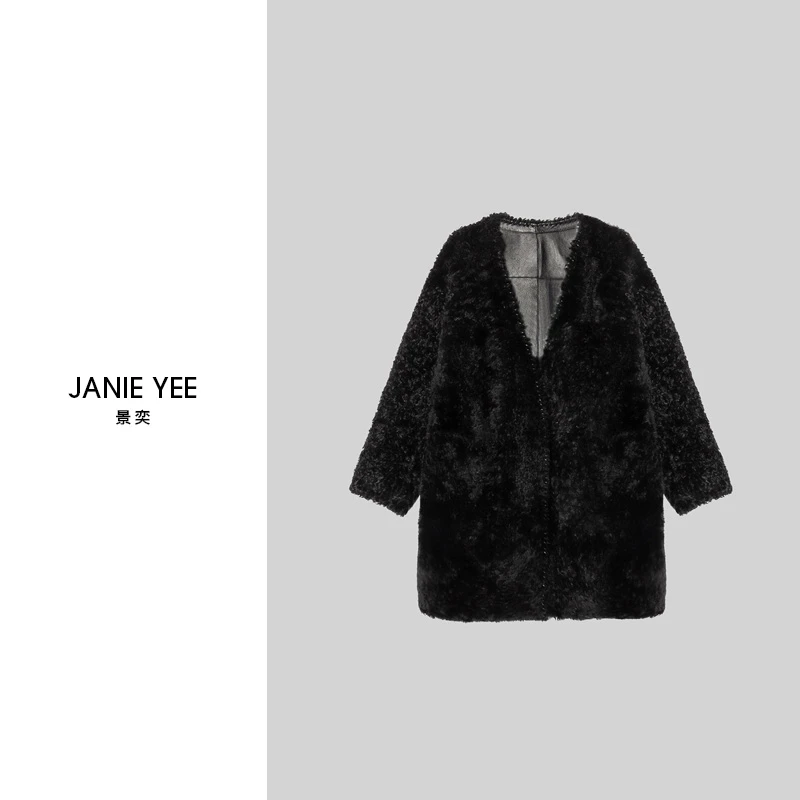 Janie Yee"奢雅拉贡" 进口羊皮毛一体v领长款外套女 24A2620