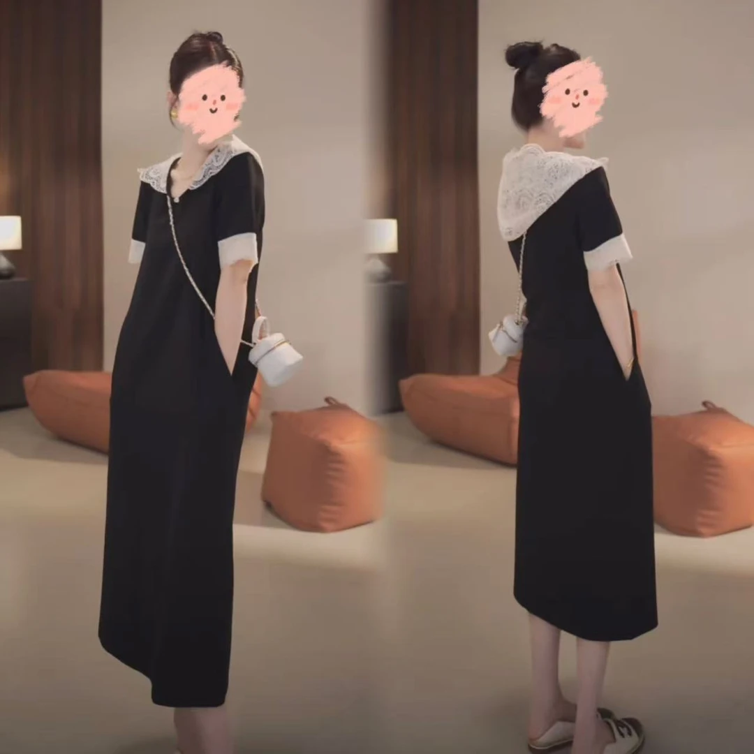 【如花似锦】2025欧货拼接蕾丝连帽连衣裙气质设计感休闲显瘦中长裙