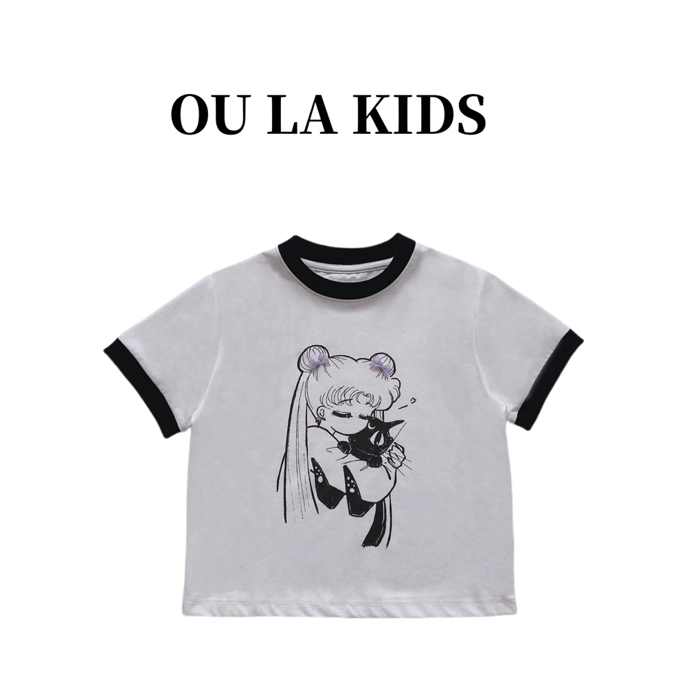 2025夏季新品女童韩版卡通印花简约蝴蝶结正肩小版短袖T恤MIX8819