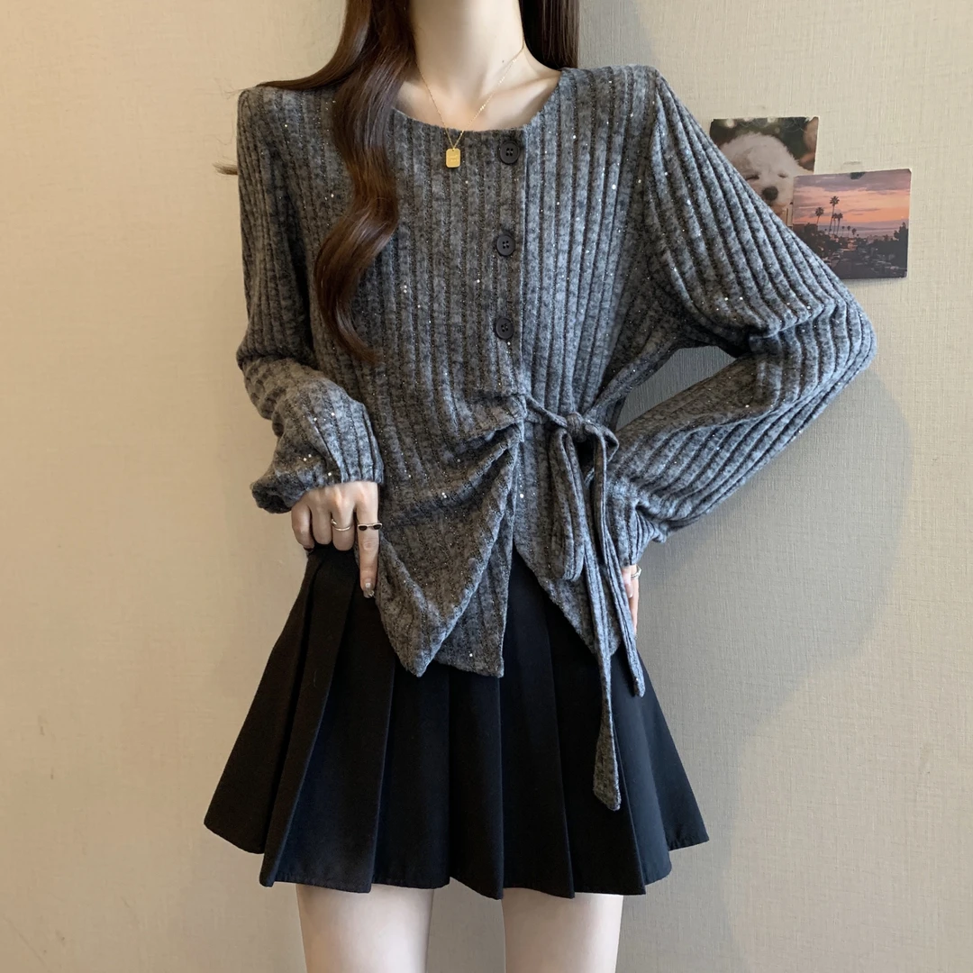 大码女装甜辣设计感细闪不规则内搭T恤女秋冬系带收腰别致上衣潮