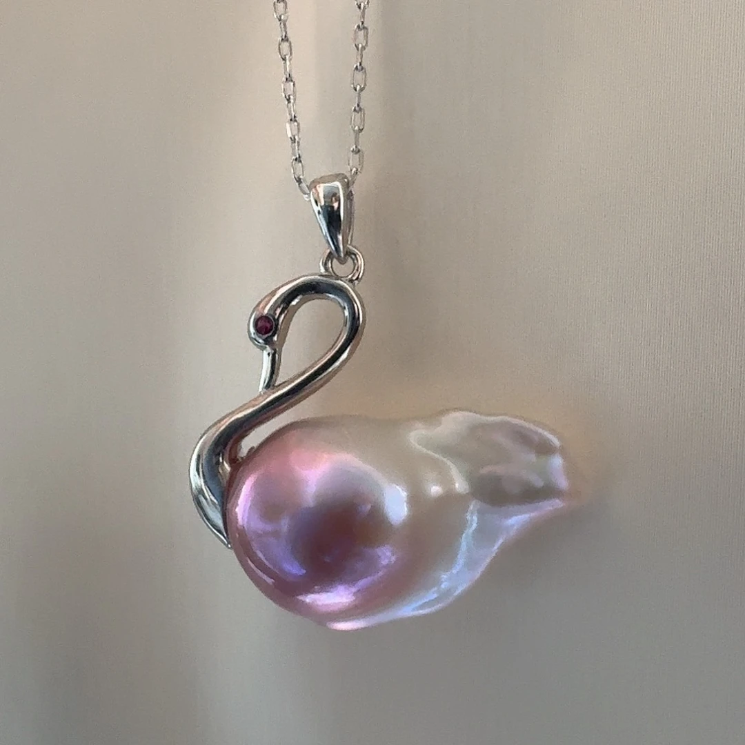 淡水珍珠颈饰银S925镶嵌渐变色天鹅项链