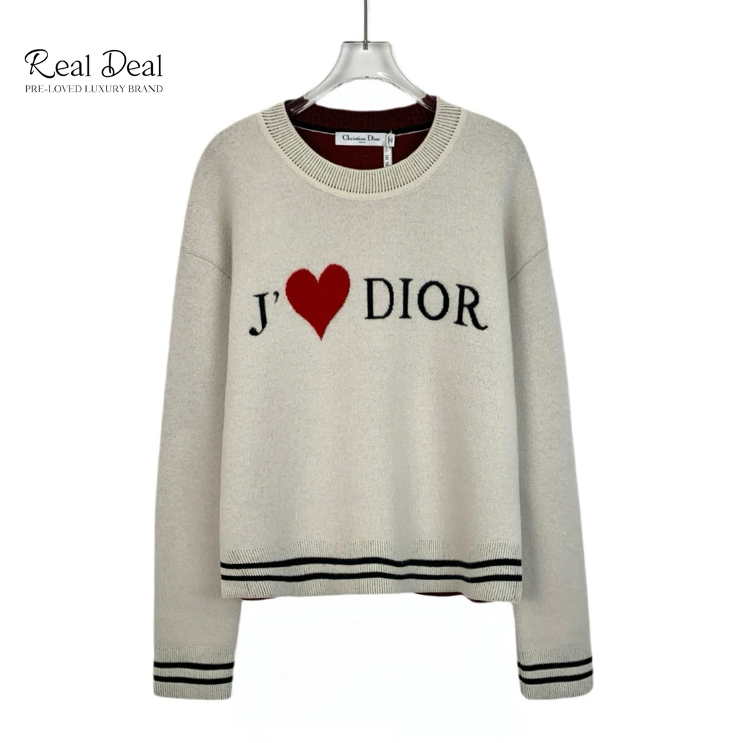 全新未使用 DIOR/迪奥 H13929 杏色爱心字母嵌花山羊绒圆领针织衫