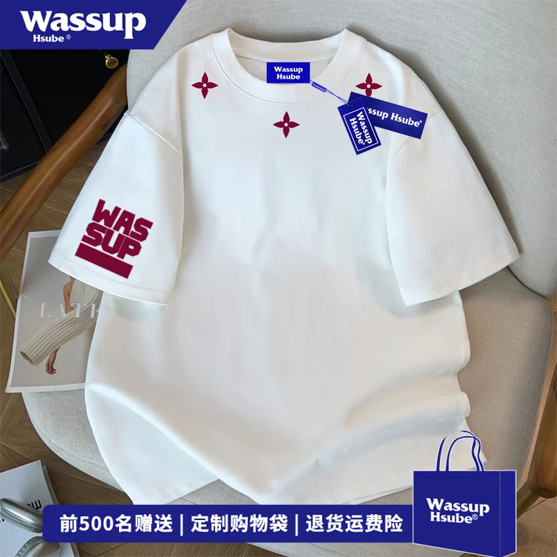 WASSUP HSUBE国潮风原创创意印花半袖ins白色纯棉短袖夏季男女T恤