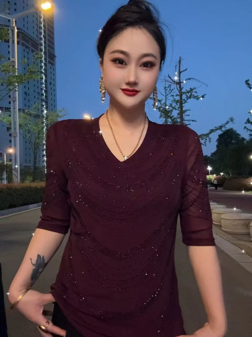 【网红爆款24#新花】短袖T恤烫钻欧货显瘦百搭上衣休闲打底衫