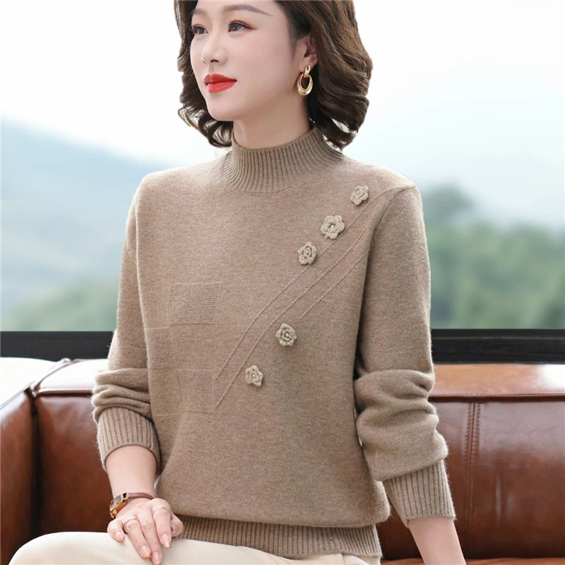 妈妈装秋冬半高领毛衣女2025新款时尚内搭中老年人上衣洋气打底衫