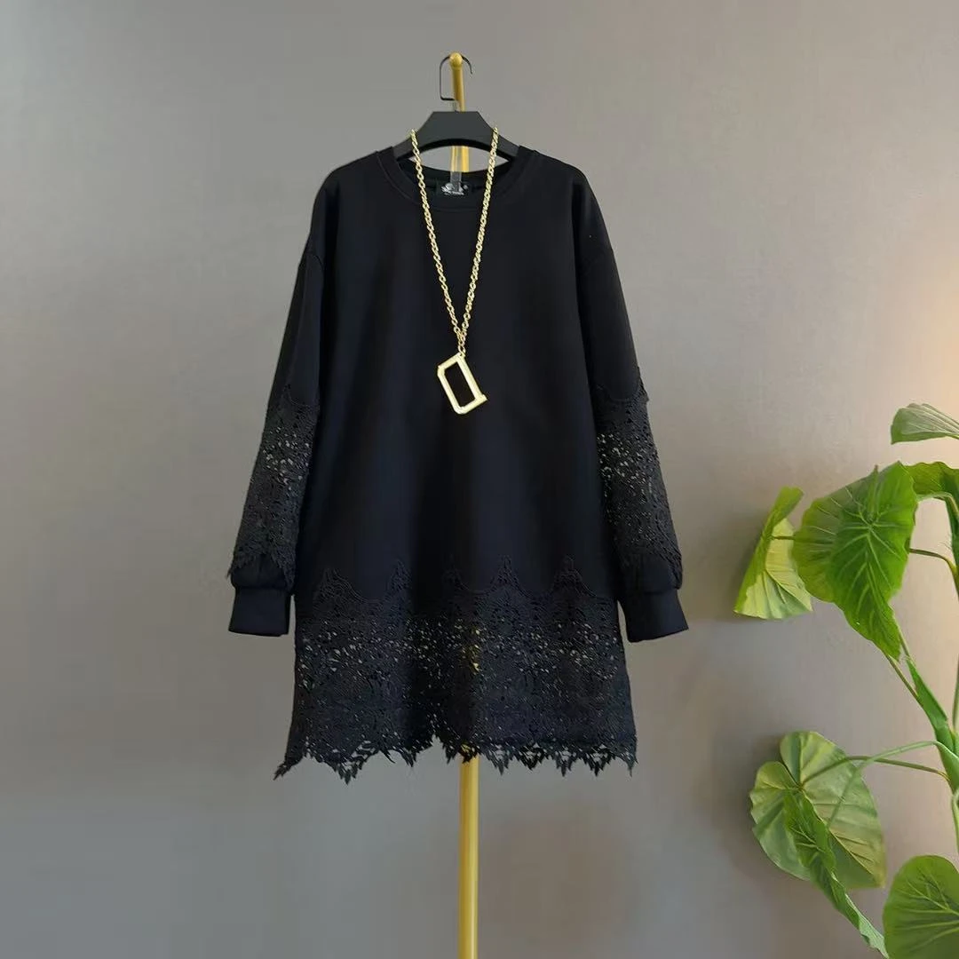 圆领卫衣长袖宽松大码洋气遮肉拼接蕾丝边波浪形高级中长款卫衣