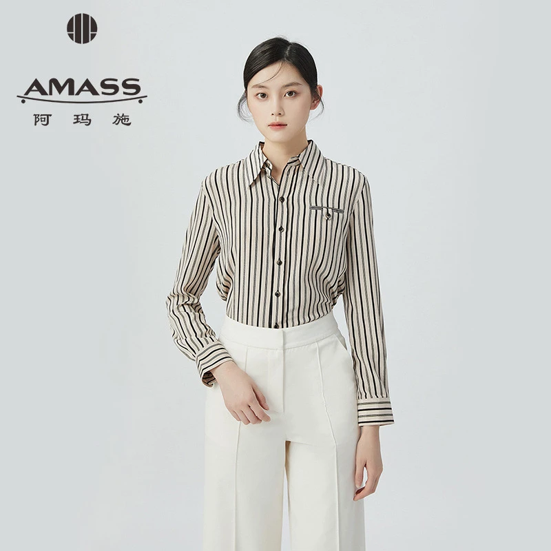 阿玛施AMASS新款质感条纹垂坠感通勤轻职场气质百搭衬衫5300848-2