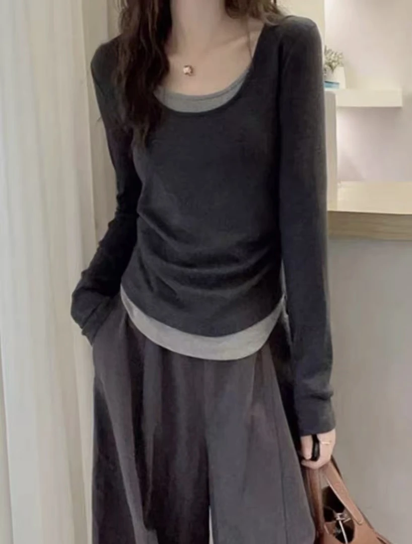 【上新】胖mm长袖打底女秋季休闲风圆领宽松型长袖T恤假两件显瘦