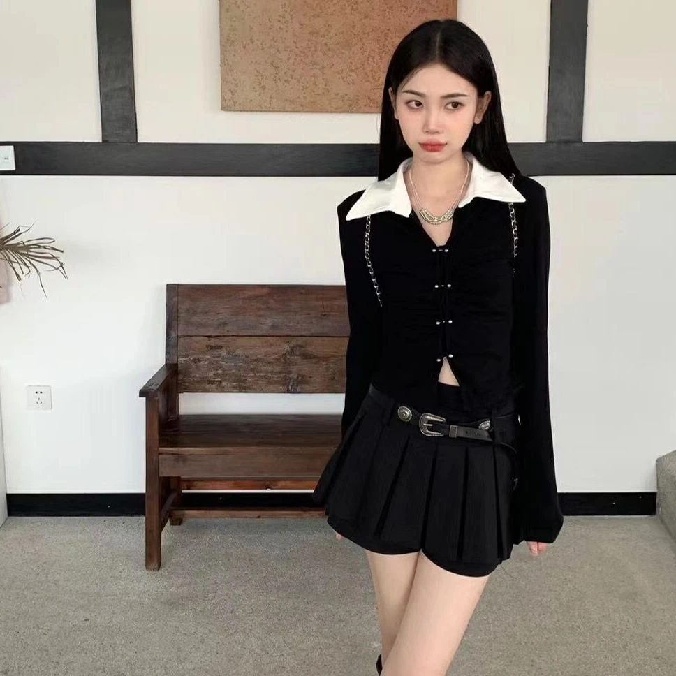 L275韩版纯欲2025春新品显瘦长袖T恤拼色翻领设计高级性感短上衣