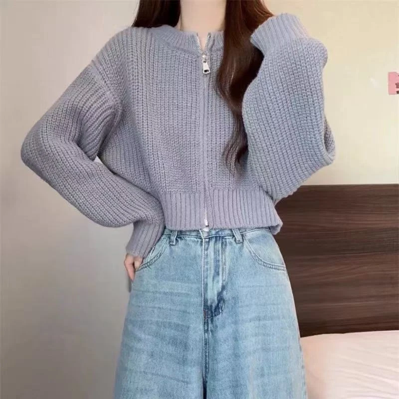 4248 短款针织开衫女春装毛衣外套双拉链系上衣