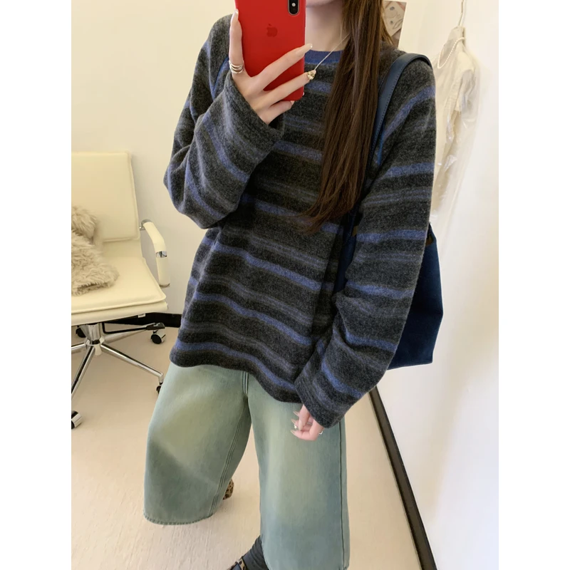 0187【冬季新款】澳绒加厚条纹拼色韩系宽松圆领长袖T恤（1275）