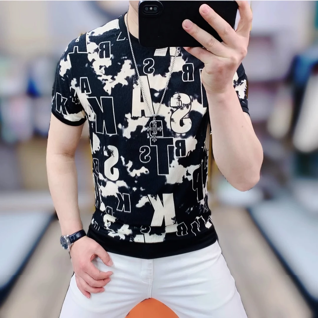 路约威格欧货夏季男提花印花短袖T恤时尚圆领修身休闲百搭半袖T恤