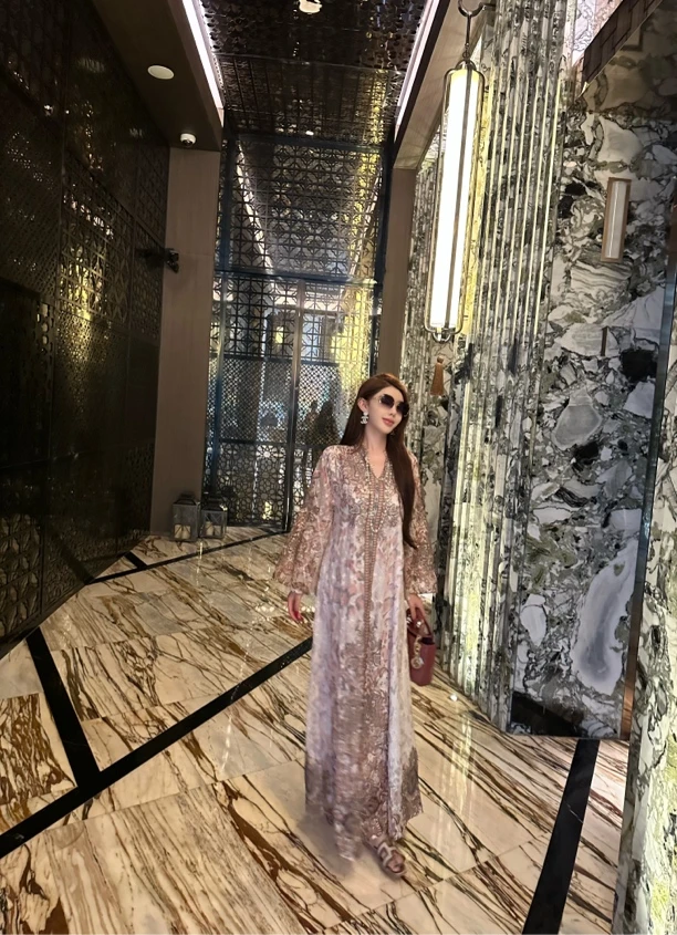 【粥粥高级定制】莫奈玫瑰高定重工奢华刺绣佩斯利印花长袍连衣裙
