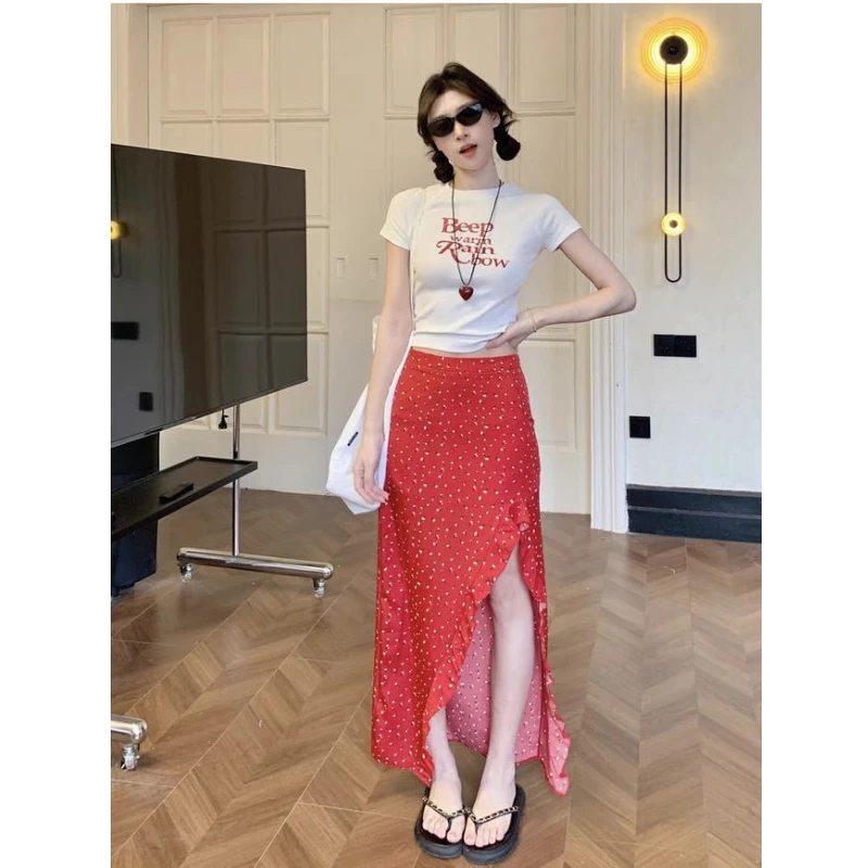 海边度假风套装女字母印花正肩短袖T恤夏季红色碎花半身裙两件套