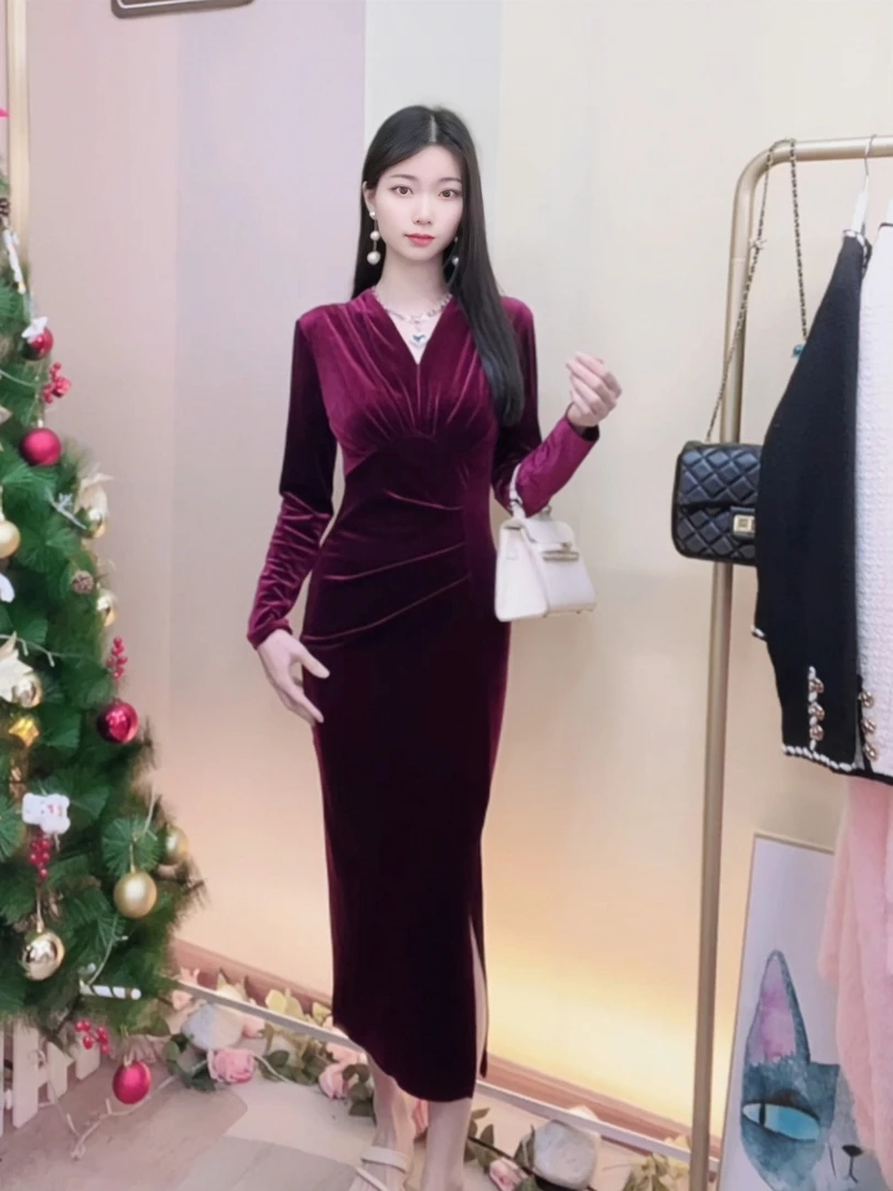 【断码清】7253秋冬新款法式气质设计感显瘦遮肉优雅日常开叉连衣裙