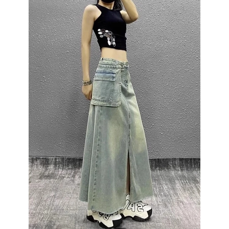 开叉半身裙女设计感口袋水洗2025春夏新款韩版高腰显瘦包臀中长裙