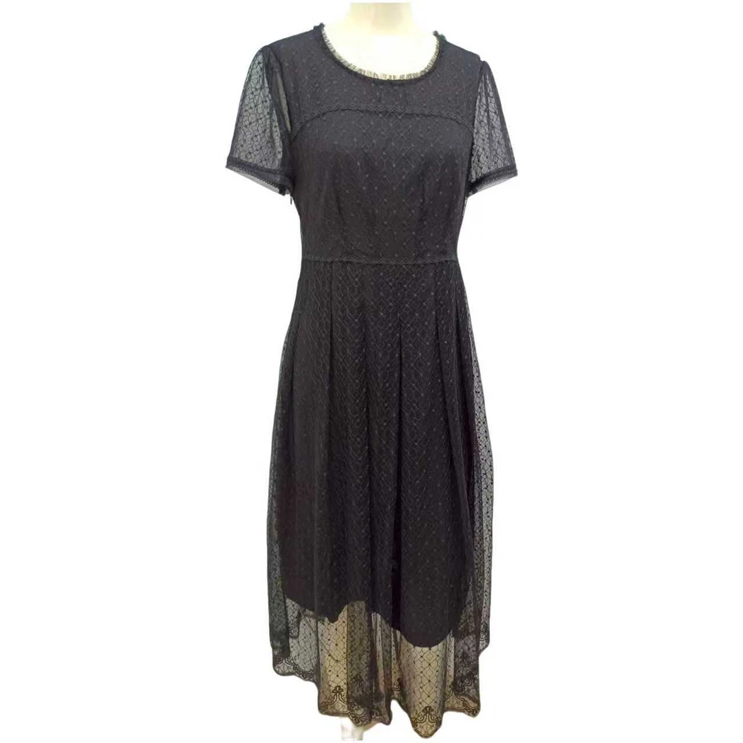 蕾丝花边下摆收腰工字褶显瘦优雅气质黑灰短袖连衣裙裙子9096-1