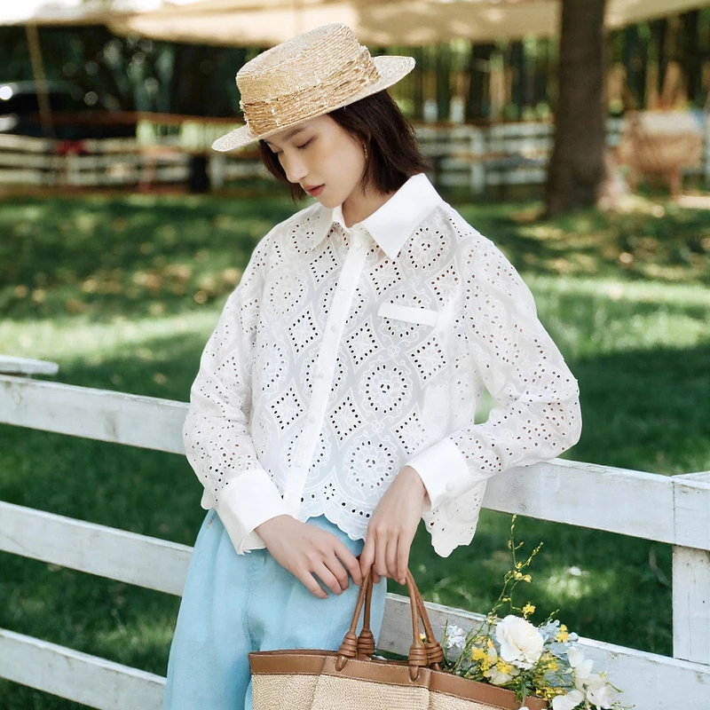 EP雅莹女装 长绒棉白色短款镂空刺绣衬衫上衣 2025夏季新款2140A