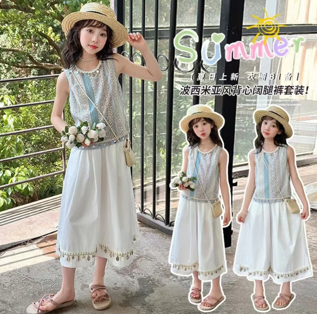 （现货）女童波西米亚风套装夏季2025年无袖民族风中大童女阔腿裤