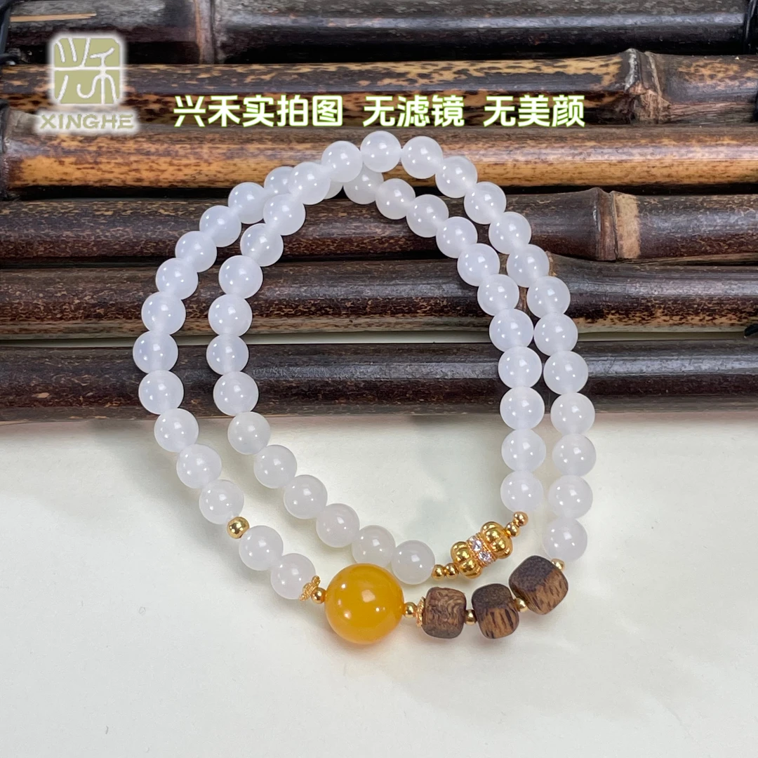 和田玉白玉配蜜蜡沉香手串6+10mm新国风中式M204