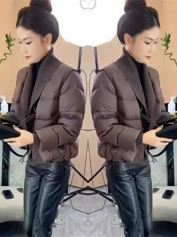 小个子网红爆款棉服女2024冬季新款设计感针织领拼接显瘦棉衣