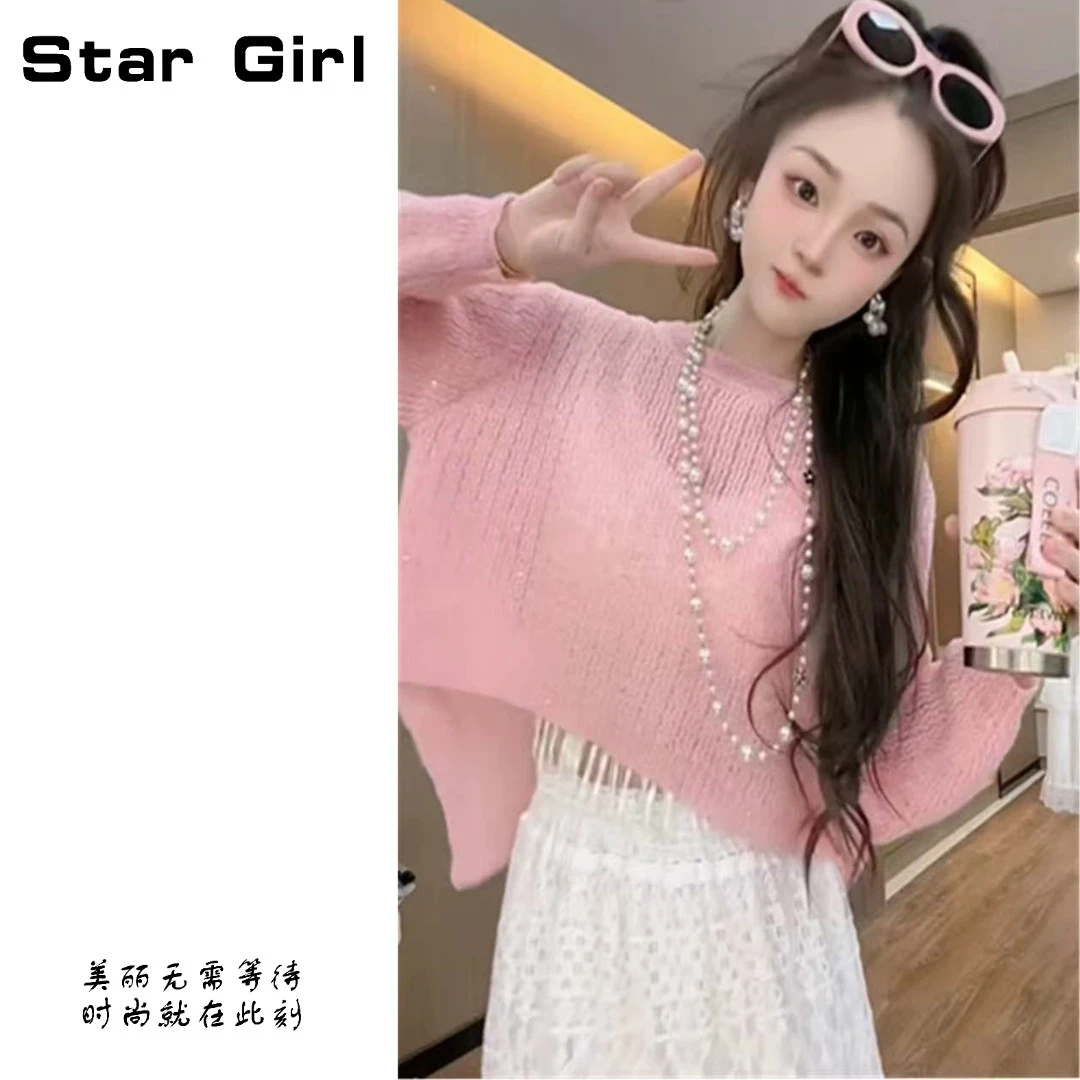 2025新款网红气质后背纽扣设计感舒适时尚亮丝针织衫百搭镂空上衣