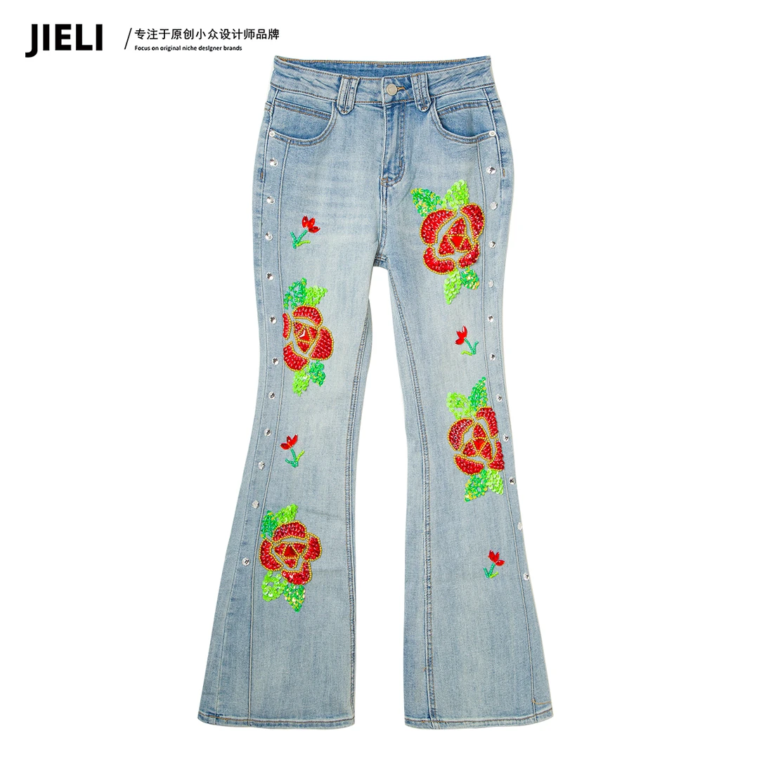 JIE LI/街力原创小众定制款高腰玫瑰花蓝色牛仔裤喇叭裤女Q7525