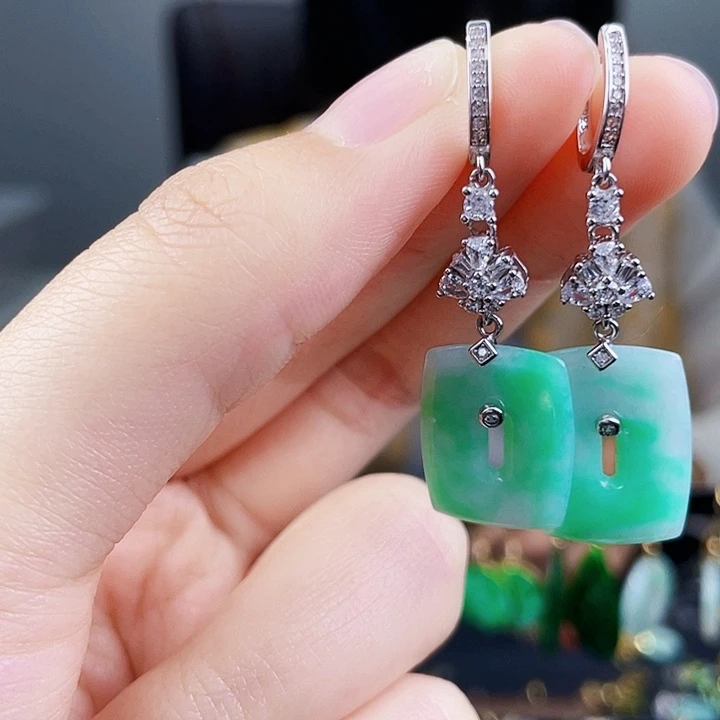 翡翠耳饰银S925镶嵌饰品