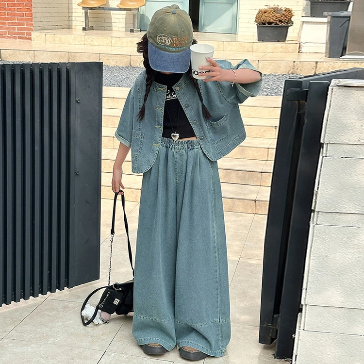 大童女装儿童衣服女孩2025新款爆款女童牛仔套装夏季短袖洋气超薄