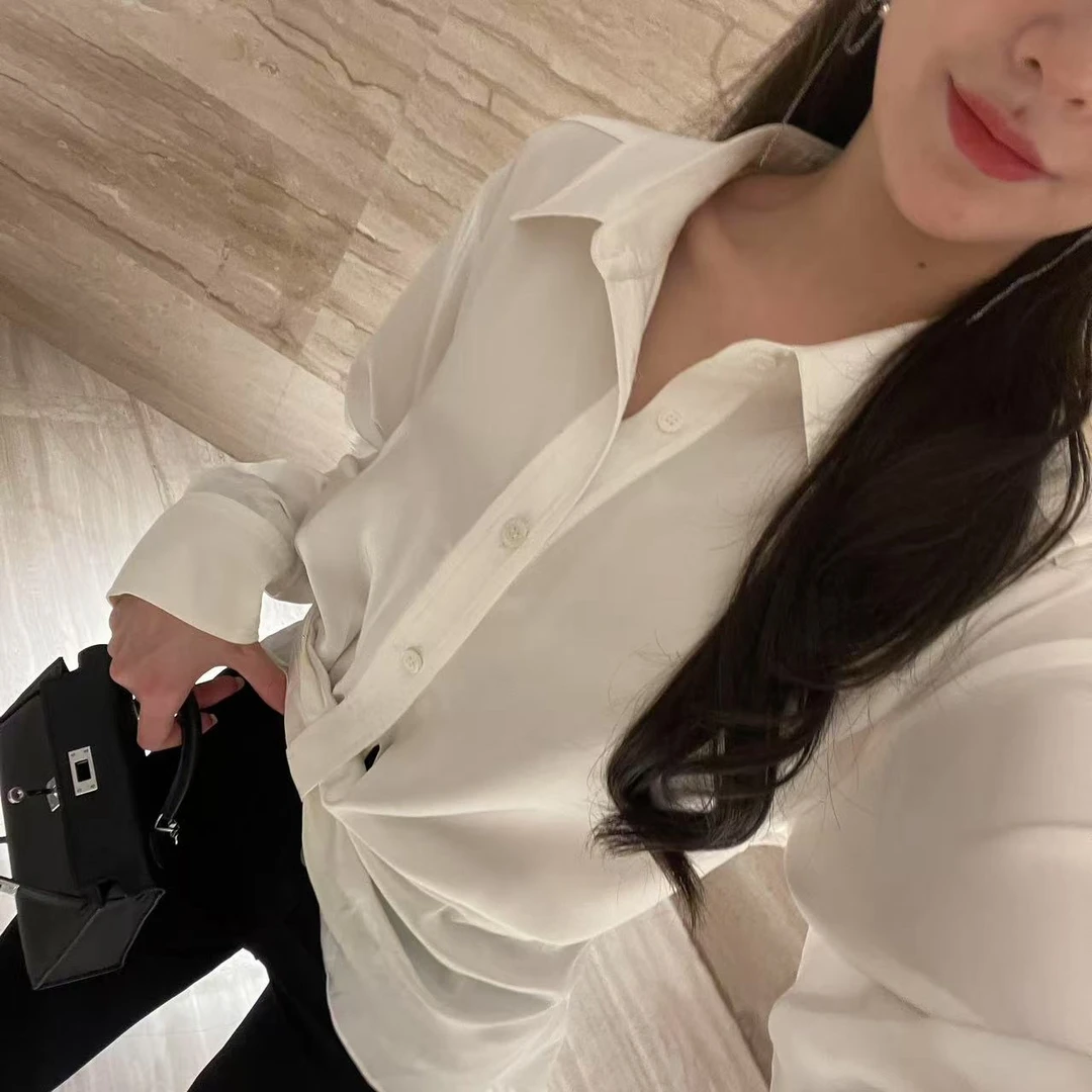 衬衫缎面短款长袖百搭白色压褶纯色春夏季宽松型系带K0317