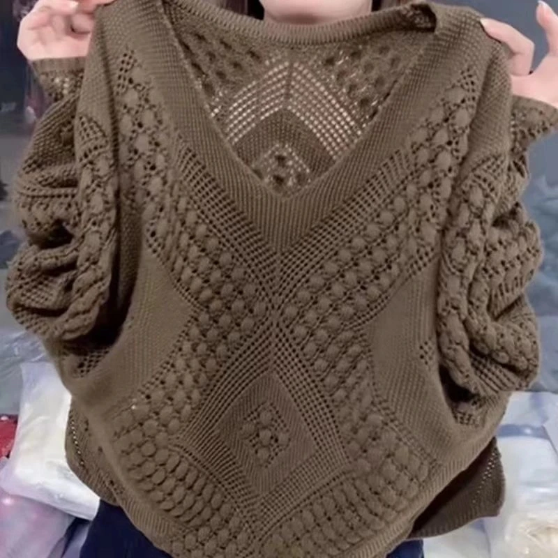 长袖领2024慵懒宽松韩系时尚镂空针织衫上衣女毛衣洋气秋睡衣