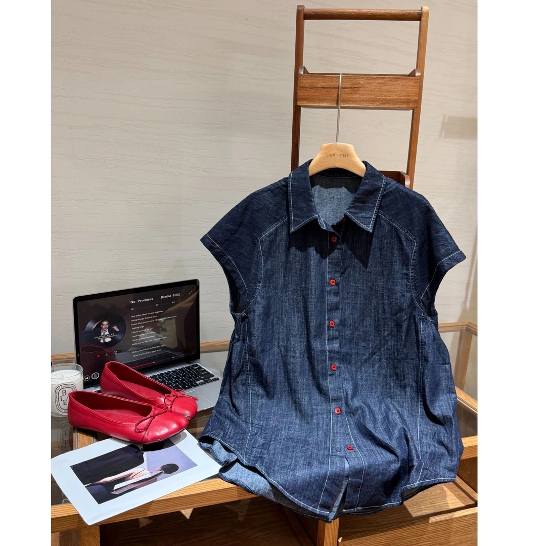 【YIBUDAOWEI】翻领单排扣落肩袖牛仔衬衫 J6580