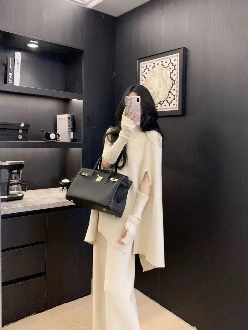 秋冬时尚设计感高端欧货慵懒风高级感蝙蝠衫上衣+袖套+直筒裤三件
