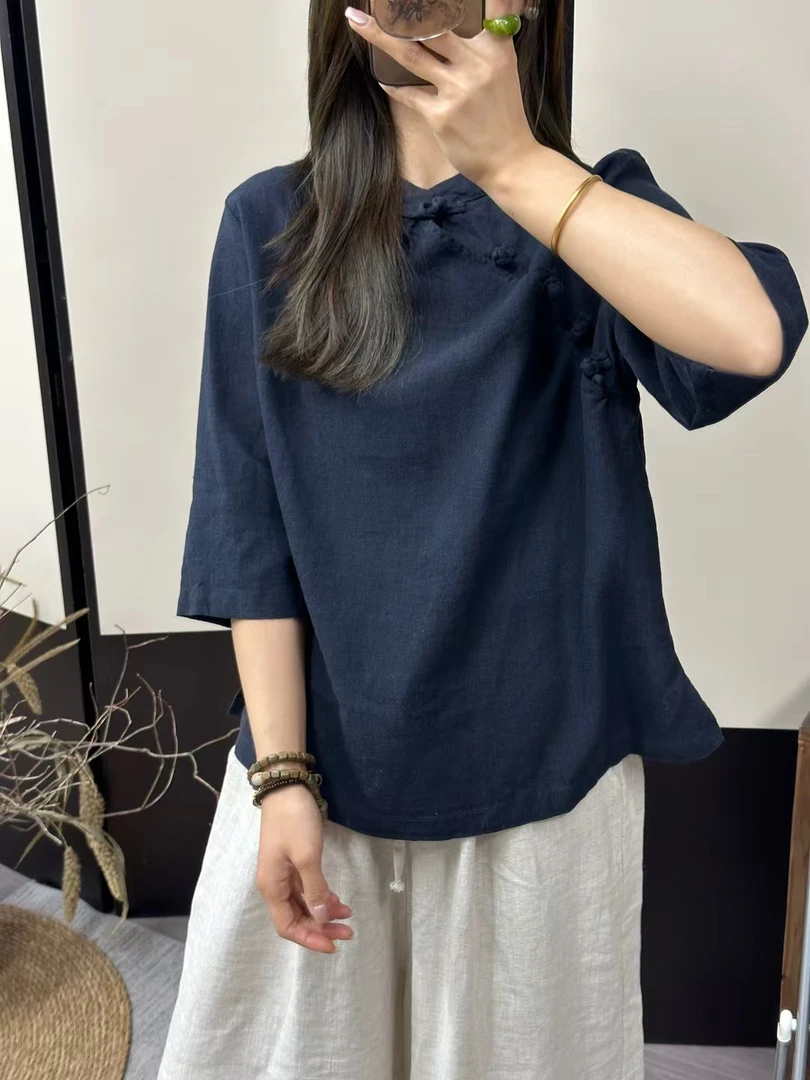 【布衣麻舍】7065炒色亚麻斜襟盘扣小衫（衣长63左右，胸围105左右）