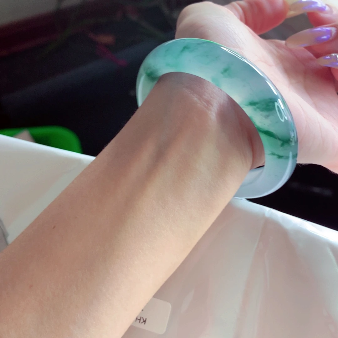 翡翠未镶嵌手镯53.5 青花瓷美感宽边实物绝美 灵