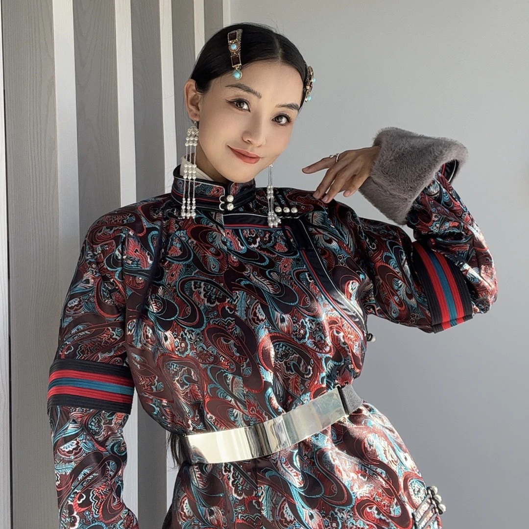 【丝棱锆】设计款加棉蒙古袍马蹄袖秋冬民族服装