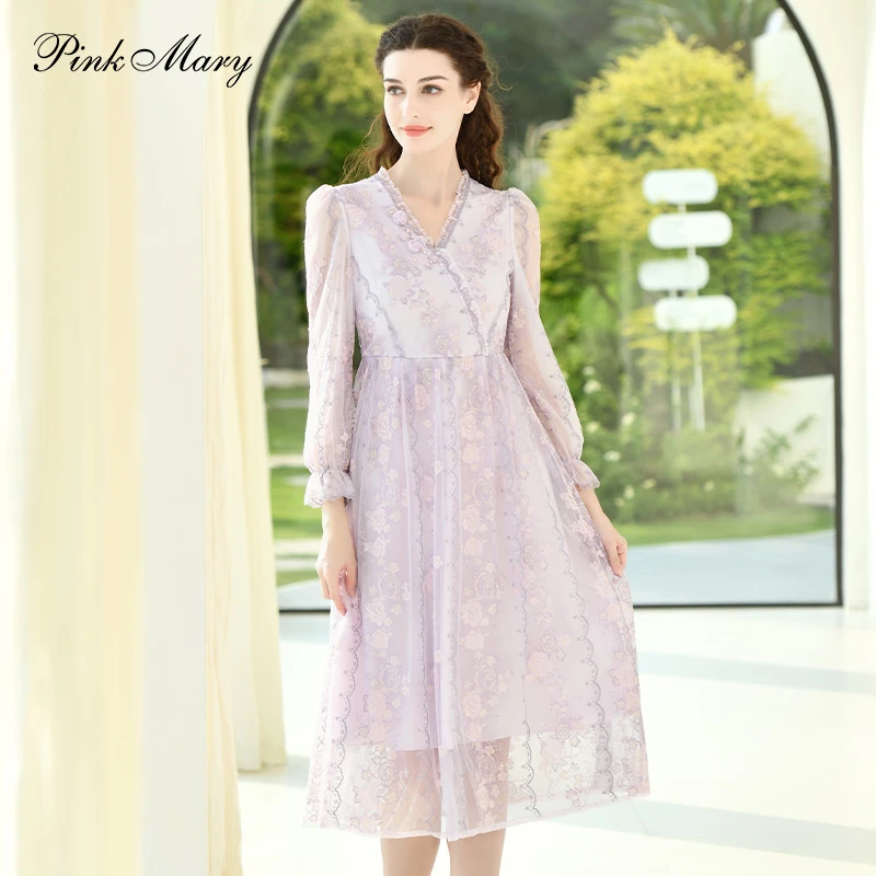 Pink Mary/粉红玛琍钉珠绣花V领蕾丝连衣裙PMAOS5112