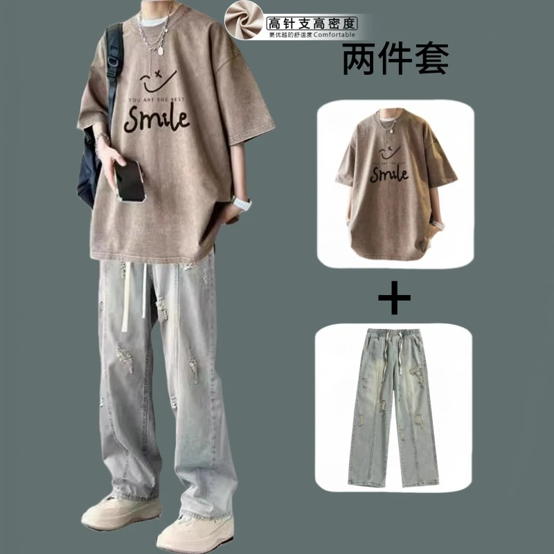 重磅水洗短袖男生套装潮牌轻奢t恤圆领T恤搭配复古牛仔短裤两件套
