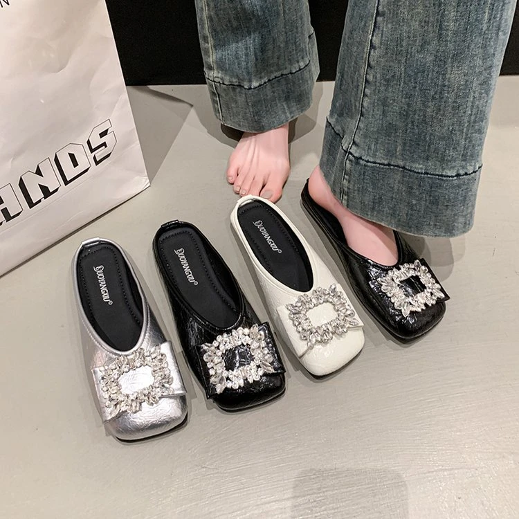 包头平底夏季舒适方头时尚小香钻休闲凉拖包头拖胶粘鞋软底百搭