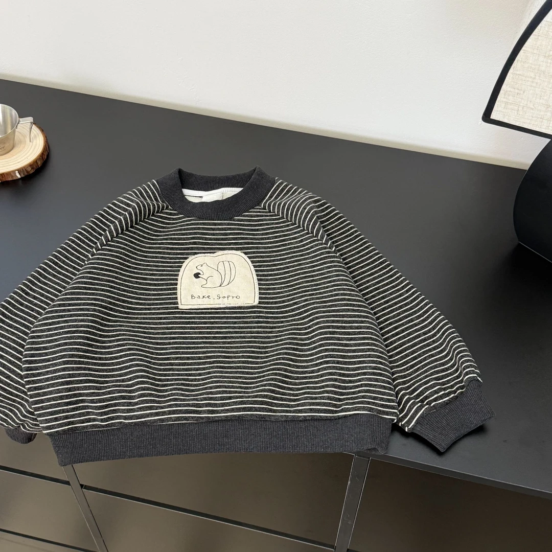 【韩系松鼠加绒卫衣】男童秋冬加厚上衣2025新款儿童条纹打底衫童装