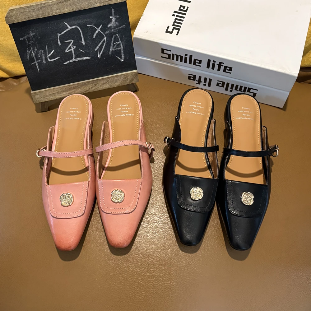 2.5cm/34-39码夏季新品头层牛皮包头拖鞋女夏外穿半拖鞋懒人凉拖