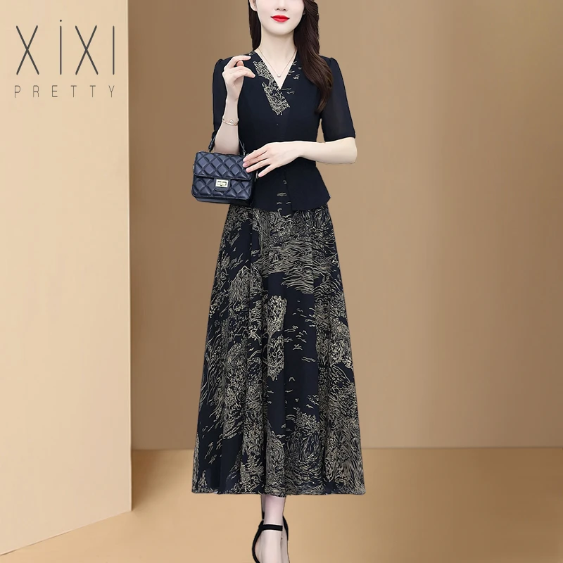 2025夏季高端大牌假两件气质妈妈连衣裙贵夫人修身显瘦高贵洋气裙