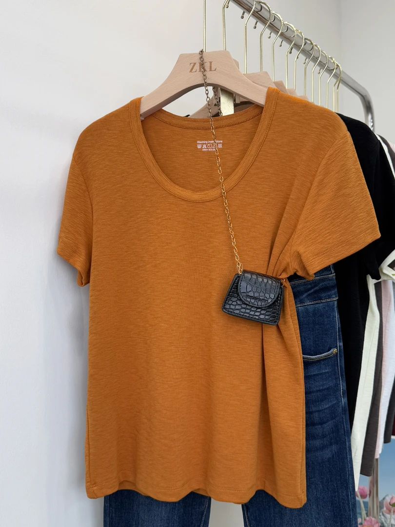 3518 高级感显白夏季大版女基础款弹力正肩气质U领宽松遮肉短袖