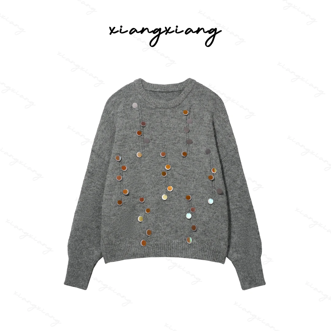 慵懒风亮片圆领毛衣女2024冬季新款宽松显瘦洋气百搭长袖YN9173